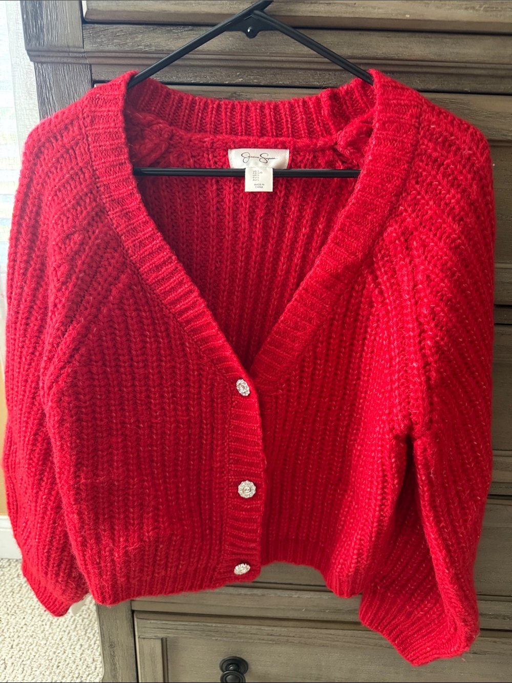 Bright Red Ribbed V-Neck Button Cardigan